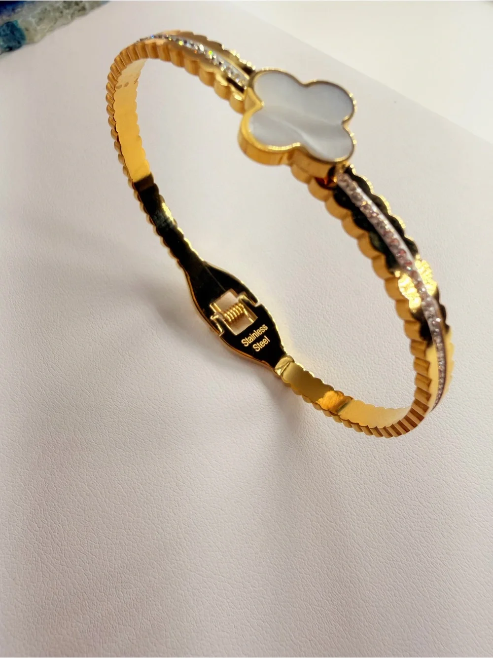 Stainless steel Gold Bangle Bracelet with White Mother-of-Pearl Clover Accent
